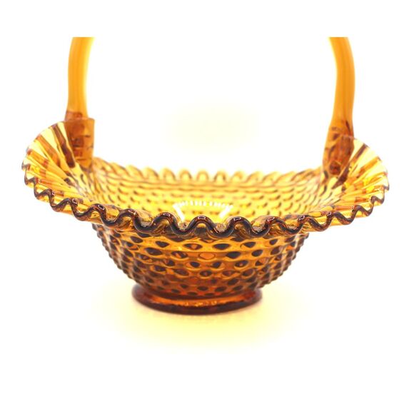 Vintage Large Fenton Amber Gold Glass Basket Ruffled Edge Hobnail Pattern 9" - Picture 5 of 8
